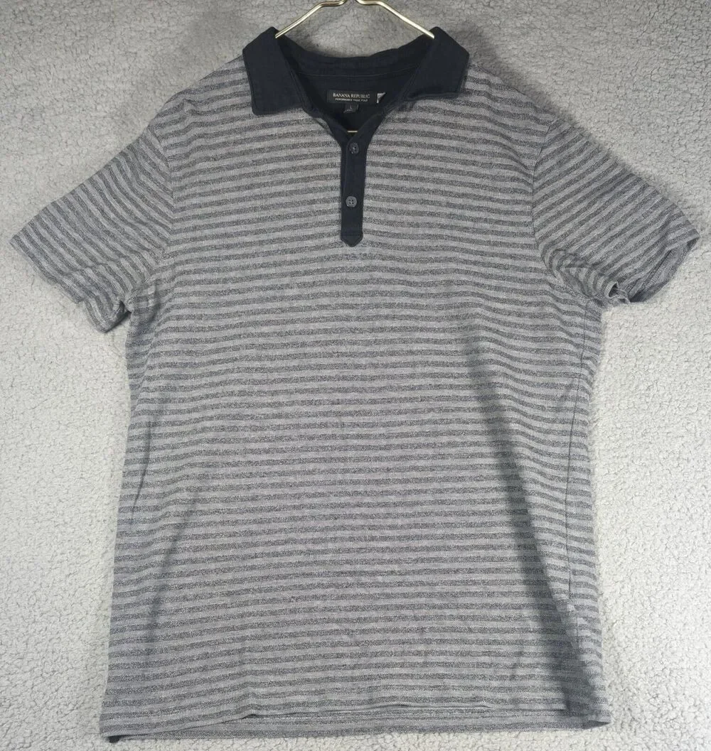 Banana Republic Polo Mens Size Large Grey Striped Polo Performance Pique